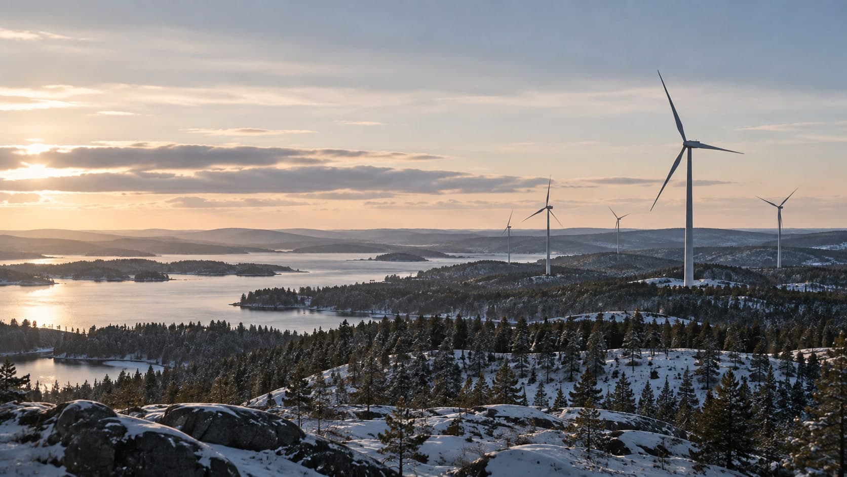 Vindkraftverk på skogsklädda höjder vid kusten.