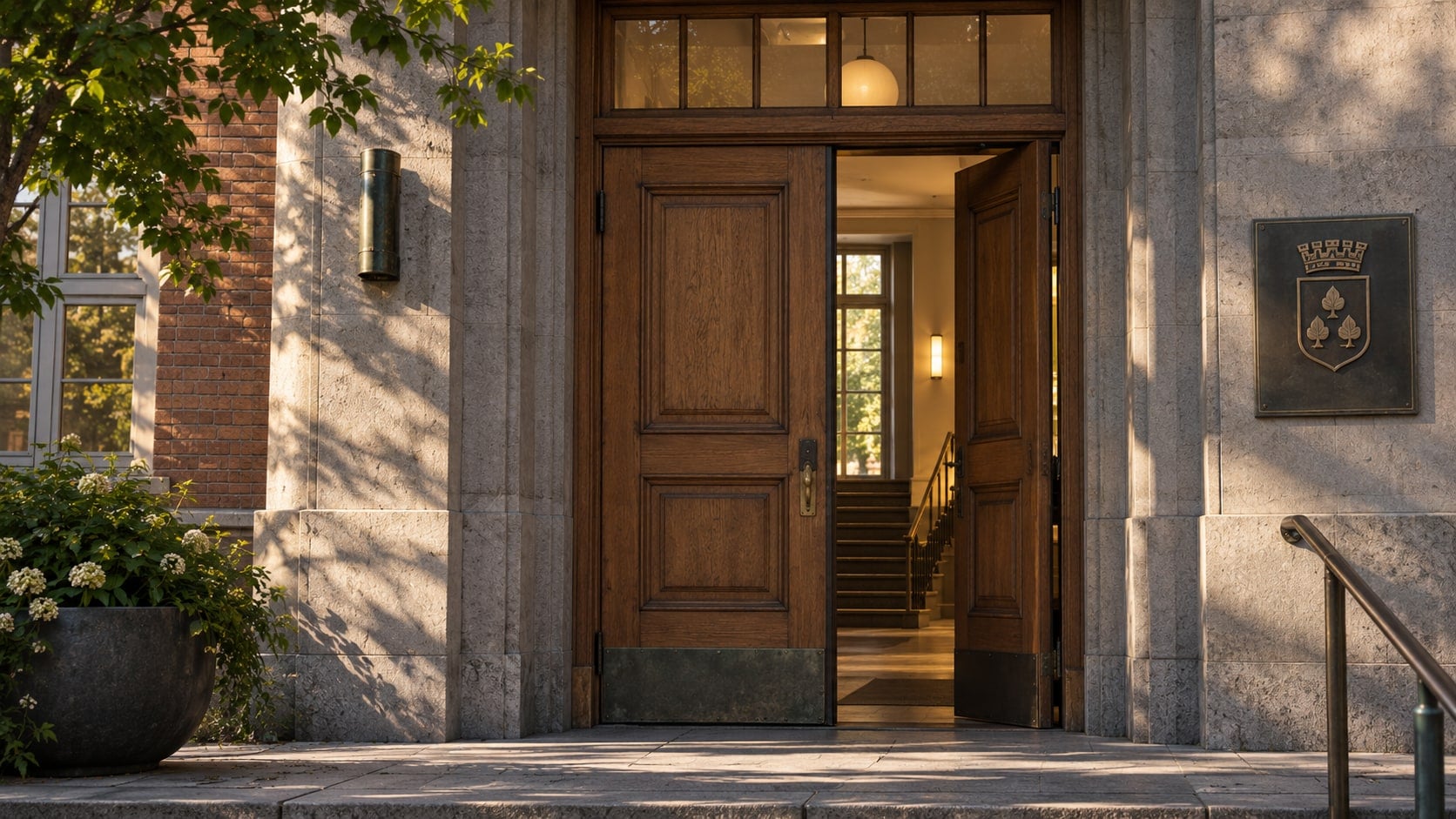Entrén till ett stadshus, där den ena ekporten står öppen mot en upplyst trapphall.