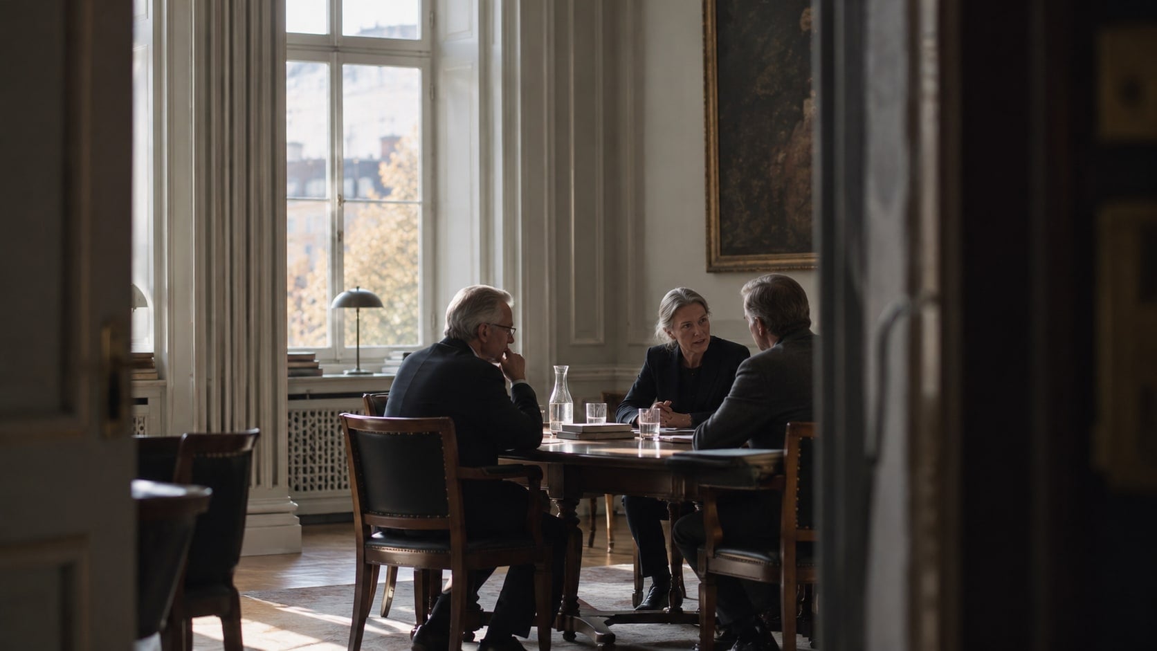 Tre personer i samtal vid ett bord, sedda på avstånd genom en dörröppning.