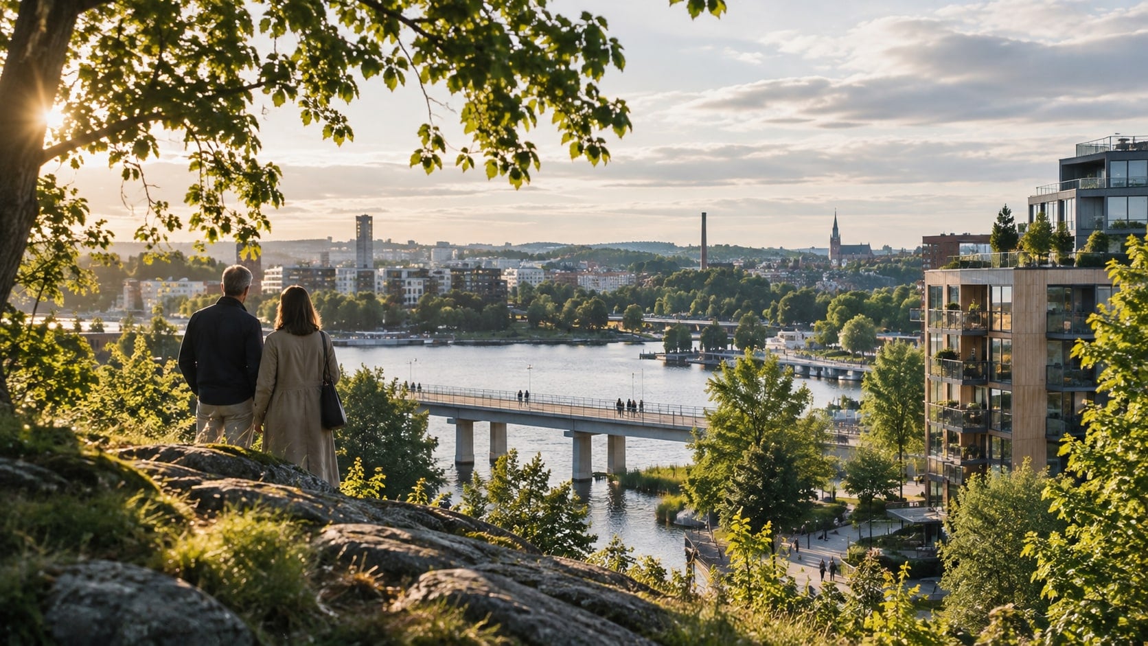 Två personer blickar ut över en svensk stad vid vatten, med bro, bostäder och grönska i kvällsljus.