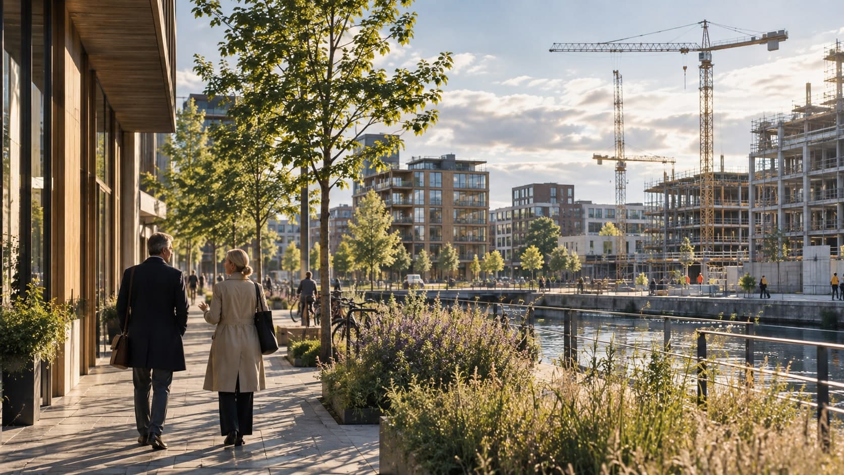 Två personer samtalar under en promenad längs kajen i en ny stadsdel, med byggkranar i bakgrunden.